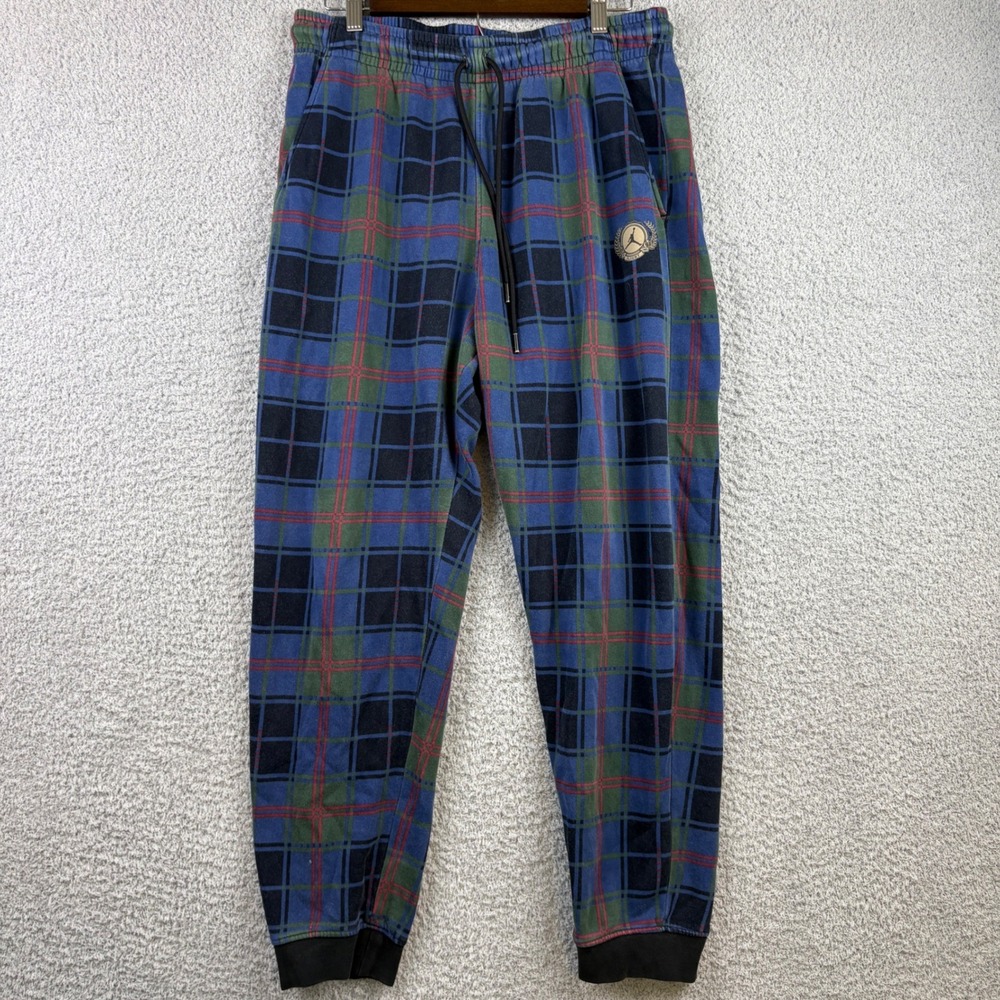 Jordan Flight Pants Mens Large Blue Plaid Fleece Joggers Jumpman Logo Nike